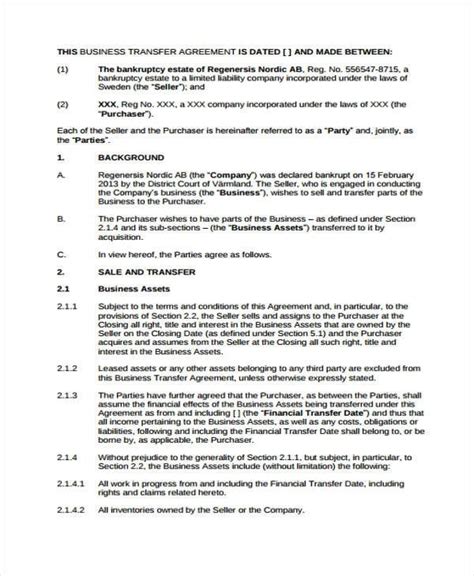 Transfer Of Business Ownership Contract Template