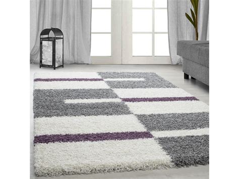 Roma Tapis Shaggy Motifs Traits Lila Et Gris X Cm