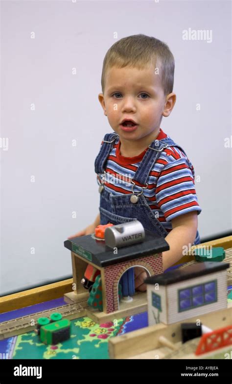 Toddler At Train Table 2 Stock Photo Alamy