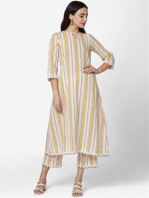 Buy Saanjh Women Off White And Yellow Printed Cotton Kurta With Trousers Kurta Sets For Women