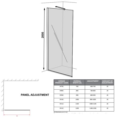 Coram 8mm Glass Premier 8 Wet Room Glass Panel 700mm Wide Clear Sp70c