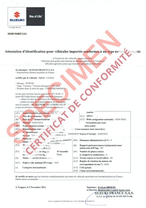 Certificat De Conformit Europ En Suzuki Coc Commandez Votre