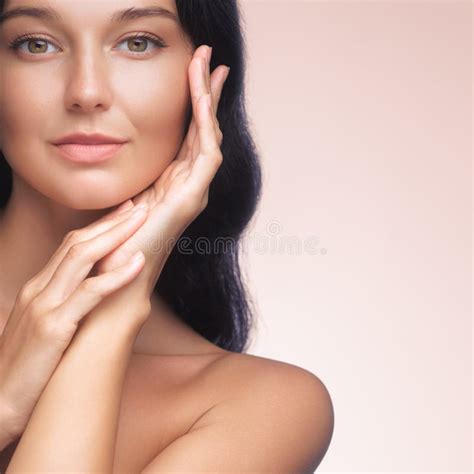 Elegant Asian Woman With Long Black Hair Touching Face Gracefully Stock Image Image Of