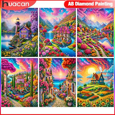 HUACAN Pintura Con Diamantes De Paisaje Conjunto De Flores Castillo