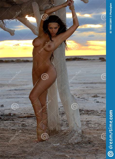 Cute Naked Brunette Woman Tied Up At Sunset Stock Image Image Of Flat