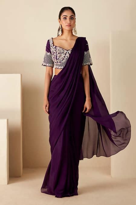 Buy Purple Georgette Crepe Hand Embroidered Cut Dana And Blouse Pre