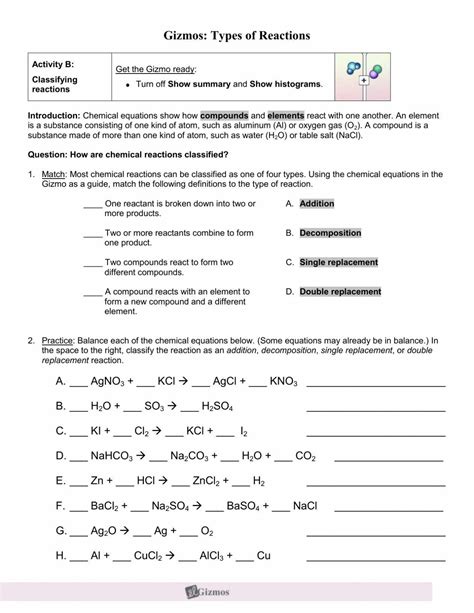 Balancing And Types Of Chemical Reactions Worksheet Chemical