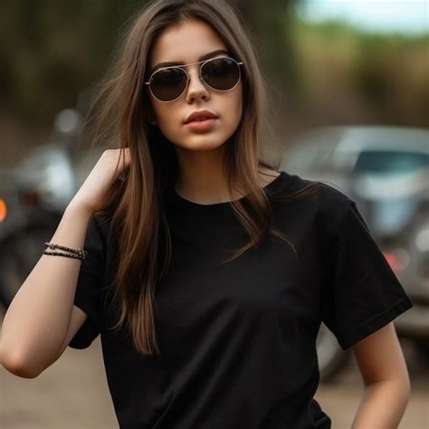 Una Chica Con Una Camisa Negra Y Gafas De Sol Se Para Frente A Un Auto