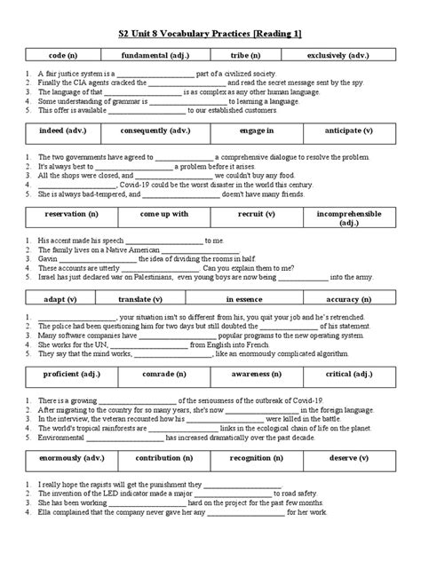 S2 Ques Unit 8 Vocab Practices Pdf