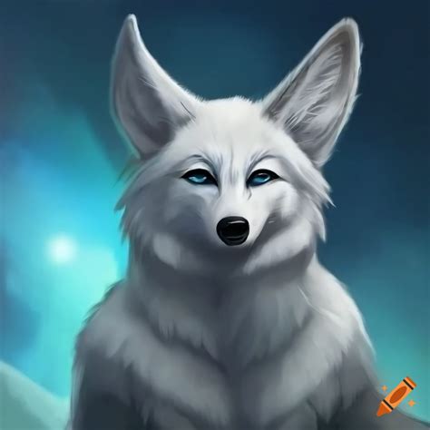 Realistic Anthropomorphic Male White Wolf With Fennec Fox Ears And Blue