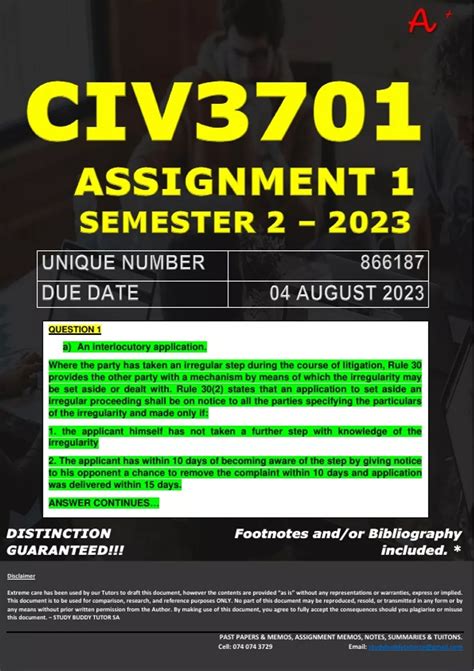 CIV3701 ASSIGNMENT 1 MEMO SEMESTER 2 2023 UNISA DUE DATE 4