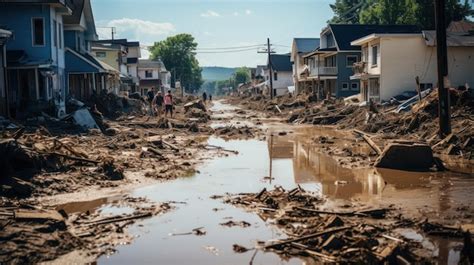 Premium AI Image | Natural disaster flooding the city destroying house ...