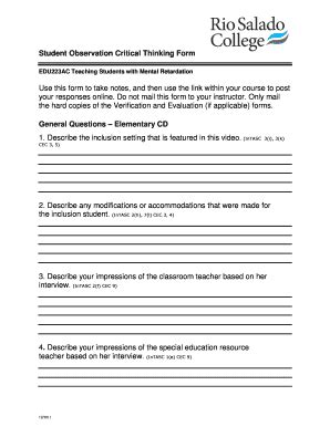 Fillable Online Qm Riosalado Student Observation Critical Thinking Form