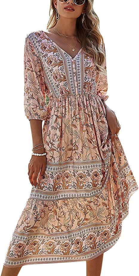 Acloin Maxikleider Damen Blumen Kleider Boho Sommerkleid Lang