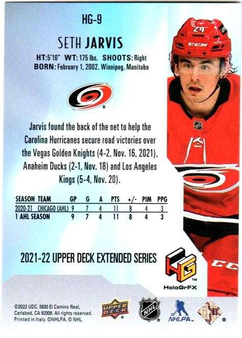 SETH JARVIS RC 21 22 HOLOGRFX ROOKIE CARD HG 9 UD EXTENDED SERIES