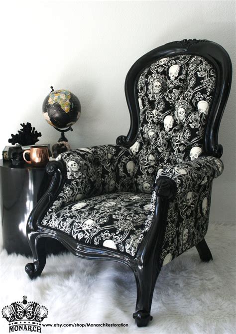 Vintage Victorian Gothic Carved Skull Brocade Chair Free Shipping