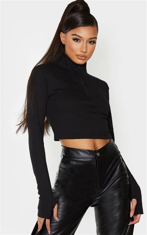 Black Zip Front Rib Knit Crop Top Knitwear Prettylittlething Usa