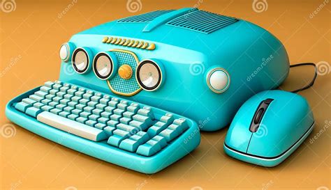 Blue Computer With Keyboard And Mouse On Brown Surface With Yellow