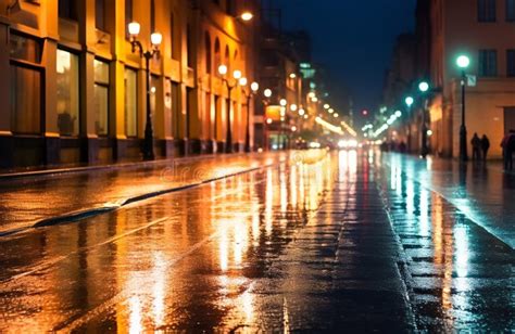 Calle De La Ciudad Iluminada Por Las Luces De Las Calles En La Noche