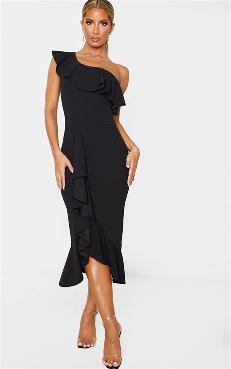 Black One Shoulder Ruffle Detail Midi Dress Prettylittlething Usa