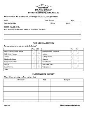 Fillable Online Patient History Questionnaire West River Ent Fax