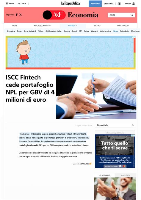 La Repubblica Iscc Fintech Cede Portafoglio Npl Per Gbv Di Milioni