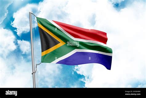 South Africa Flag Waving On Sky Background 3d Rendering Stock Photo