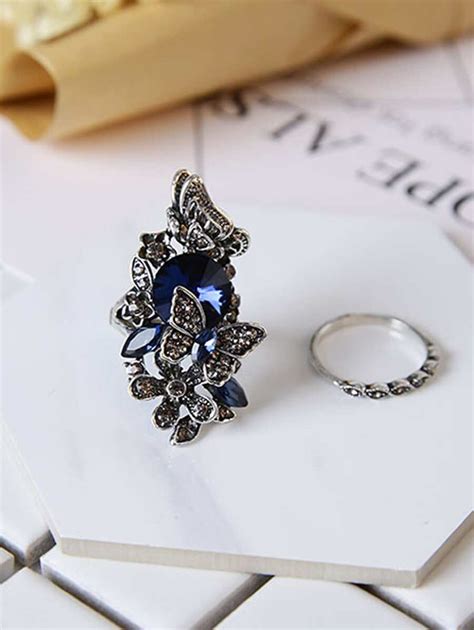 2pcs Rhinestone Decor Butterfly Decor Ring Set SHEIN USA