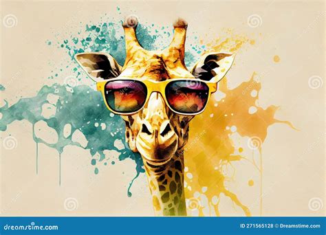 Cool Giraffe With Sunglasses And Graphic Art Illustration Colorfull