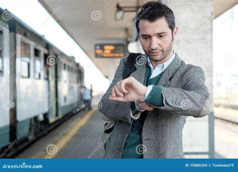 Standing Man Waiting For The Train Stock Image Image Of Airport Late