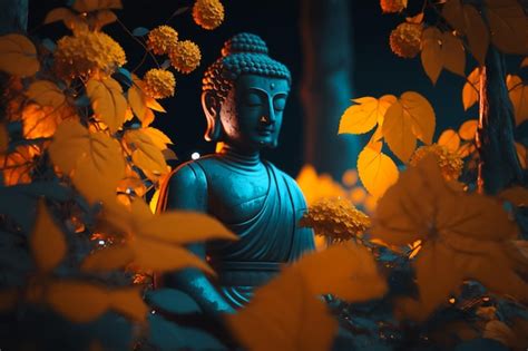 Una estatua de buda en un jardín con flores amarillas Foto Premium