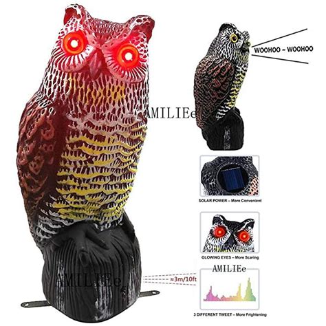 Spring Hue Owl Decoy Flashing Eyes Frightening Sound To Scare Birds