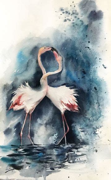 Flamingos Couple Original Watercolor Painting 2018 Watercolour By Sophie Rodionov Flamingo