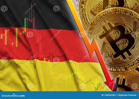 Germany Flag And Cryptocurrency Falling Trend With Many Golden Bitcoins