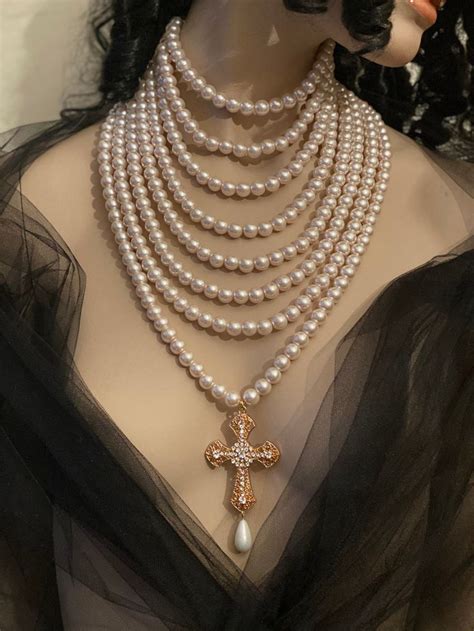 Multi Strand Pearl Necklace Pearl Necklace With Cross Multi Strand