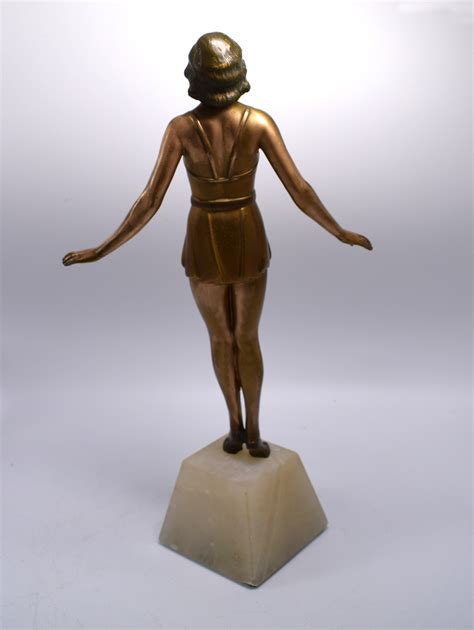 S Art Deco Spelter Figural Lady On Alabaster Base