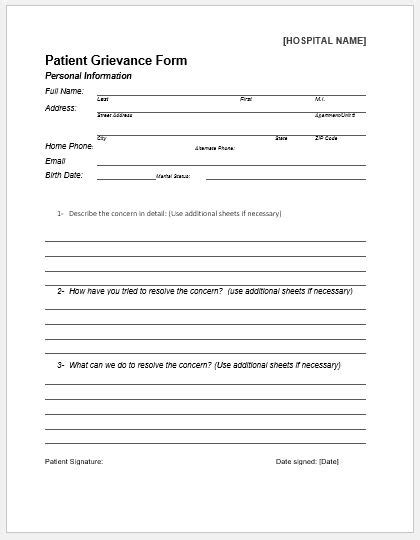 3 Patient Grievance Form Templates For Ms Word Word And Excel Templates