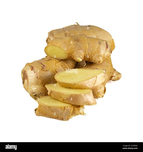 Fresh Ginger Rhizome With Sliced Isolated On White Background Stock