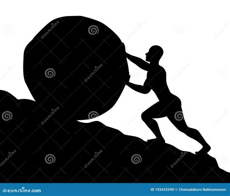 Silhouette Of Man Pushing Big Boulder Uphill On White Background Stock