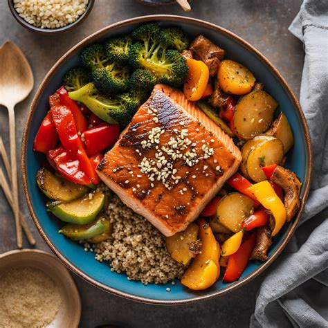 Bowl de Saumon Teriyaki Quinoa avec Légumes Rôtis