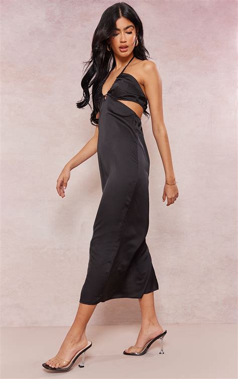 Black Satin Strappy Cut Out Midaxi Dress Dresses Prettylittlething Aus