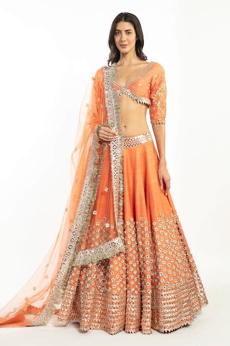 Buy Orange Lehenga And Blouse Raw Silk Embroidered Gota Plunge V Floral