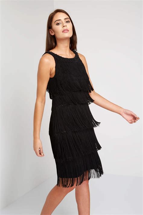 Tassel Embellished Flapper Dress in Black - Roman Originals UK