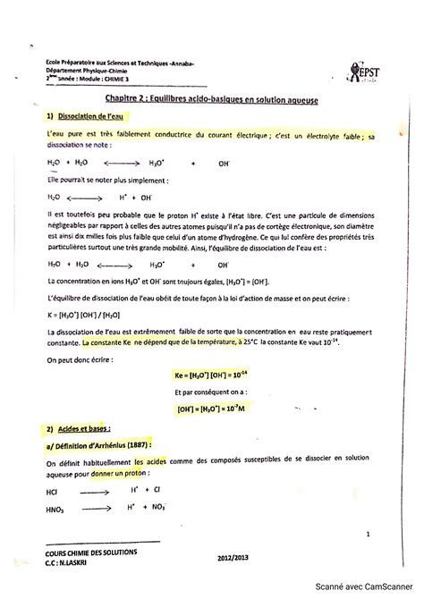 Solution Chapitre Equilibre Acido Basiques En Solution Aqueuse