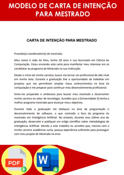 Modelo De Carta De Intenção Para Mestrado Formato Word