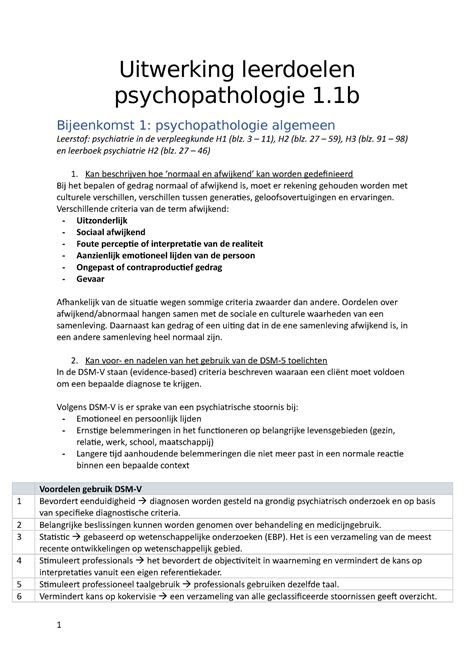 Samenvatting Psychopathologie 1 1b Jaar 1 Uitwerking Leerdoelen