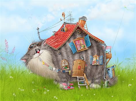 Ilustrasi Kucing Abu Abu Dan Putih Rumah Figur Koshak Alex Dolotov