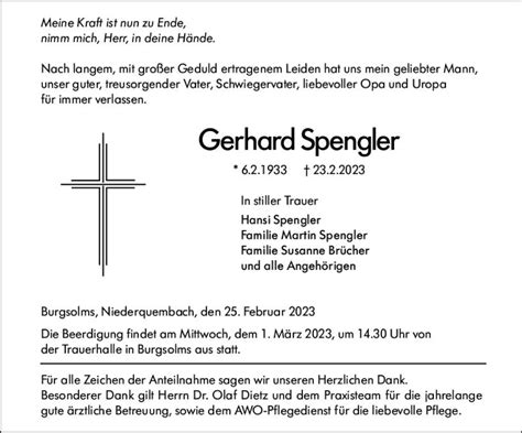 Traueranzeigen Von Gerhard Spengler Vrm Trauer De