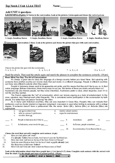 Doc Top Notch 2 Unit 1246 Test Name Add Unit 6 Questions