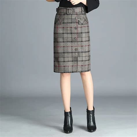 M 4xl Woolen Plaid Skirts Women 2018 Autumn Winter New Midi Skirt Knee